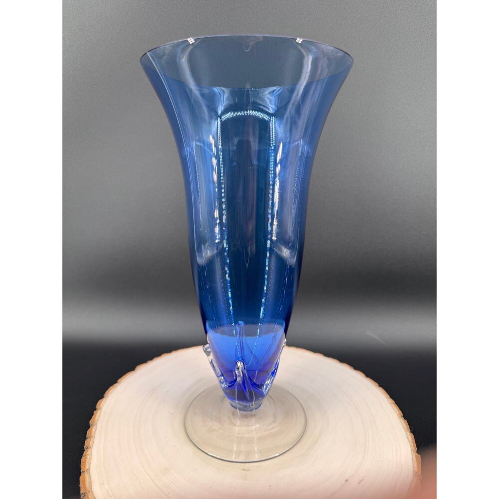 Vintage Cobalt Blue Hand Blown Glass Vase Art Glass Sculptural Vase Flared Vase